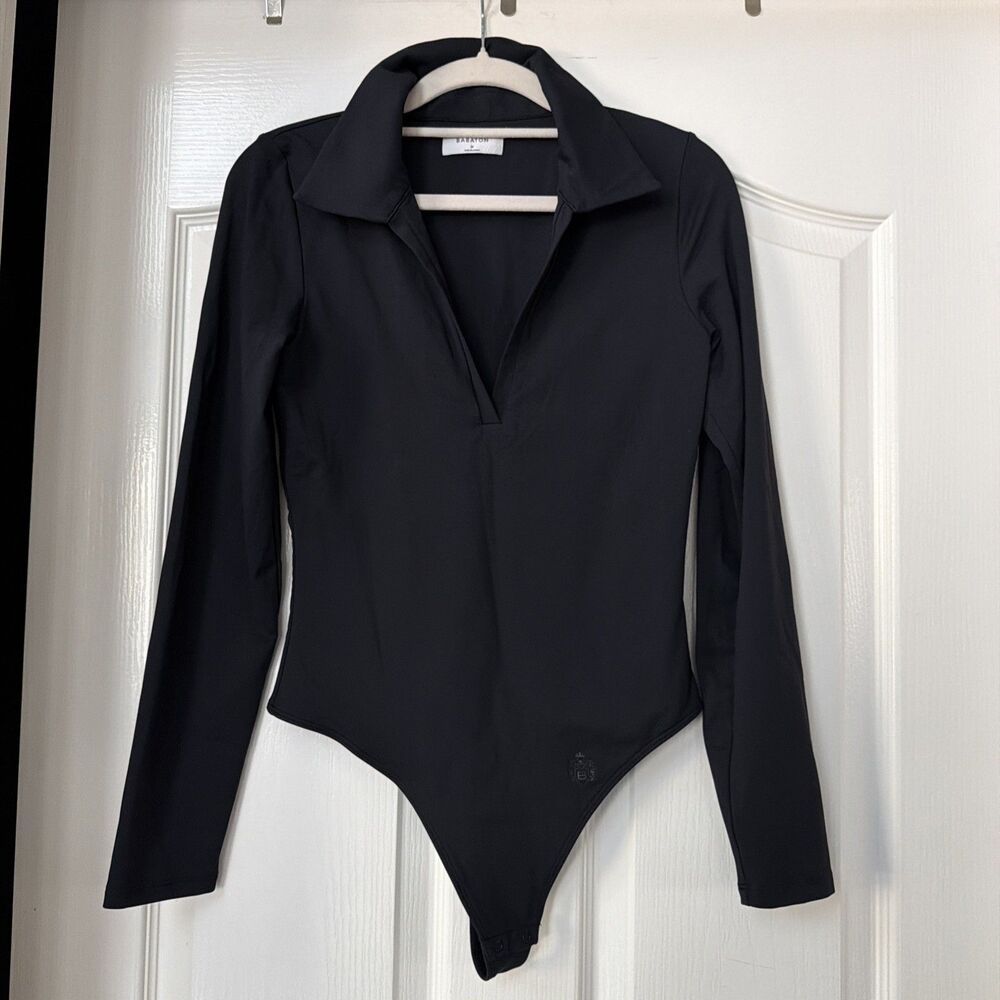 Aritzia Babaton Contour Bodysuit Long Sleeve Collar V-Neck Black Medium Soft